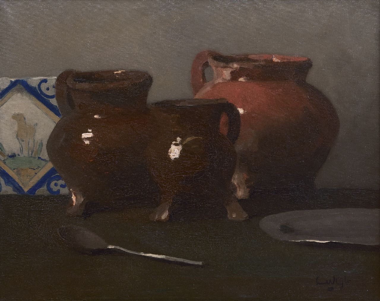 Vlist L. van der | Leendert van der Vlist | Paintings offered for sale | Still life with lead glaze jars, oil on canvas 40.2 x 50.2 cm, signed l.r.