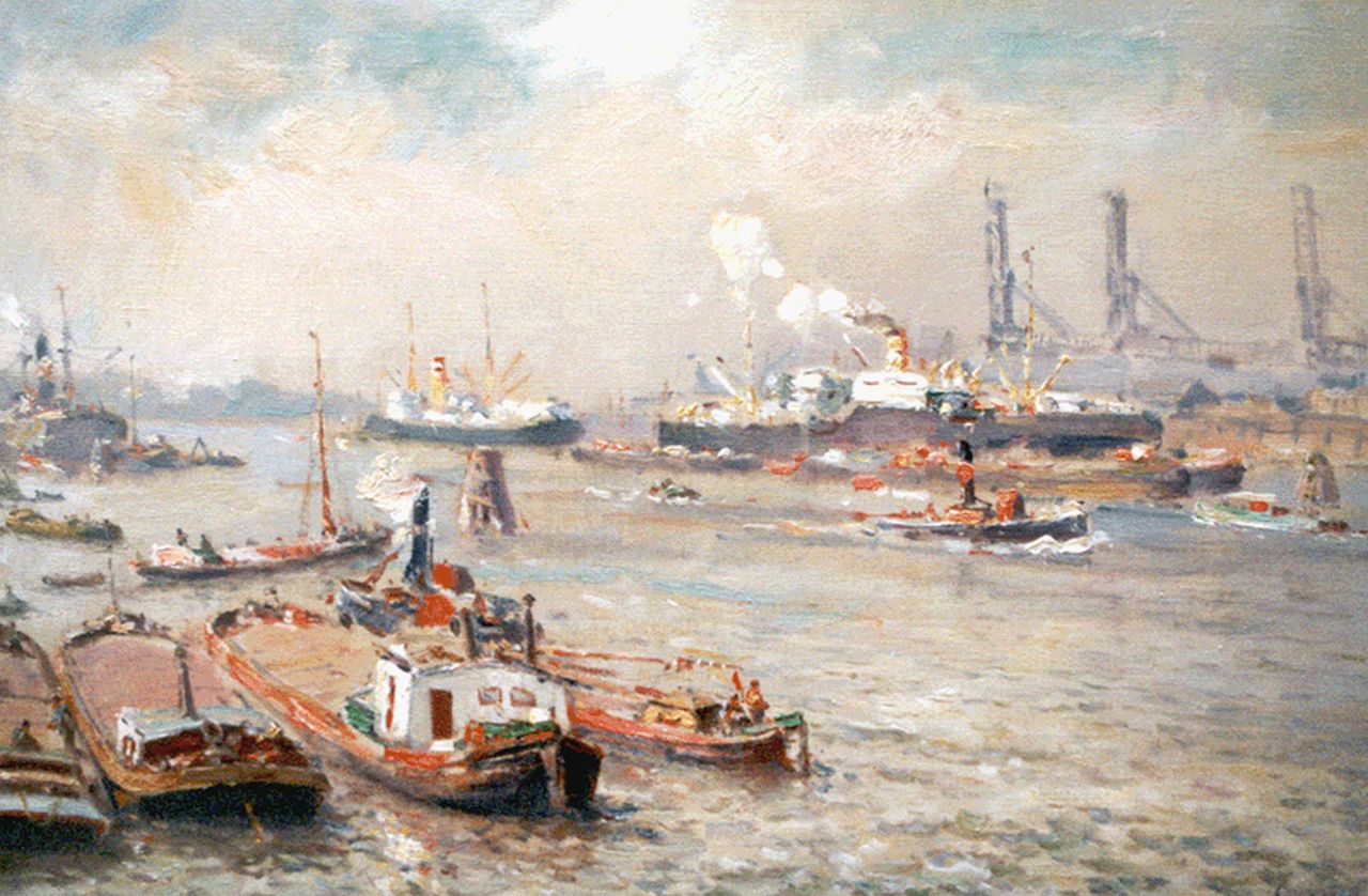 Moll E.  | Evert Moll, Harbour activities, Rotterdam, oil on canvas 40.0 x 60.0 cm, signed l.r.