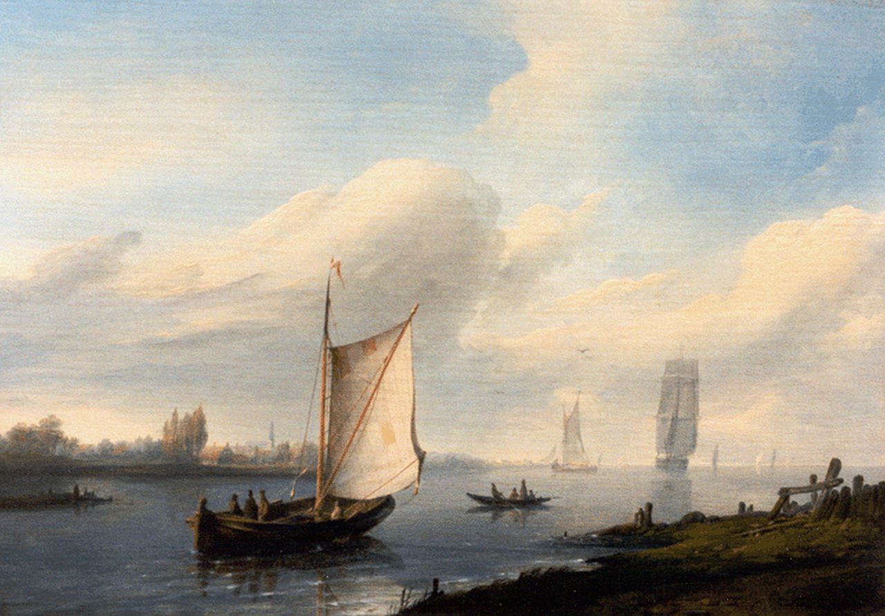 Thomas P.H.  | Pieter Hendrik Thomas, Shipping on a calm river, oil on panel 21.6 x 30.6 cm, signed l.r.