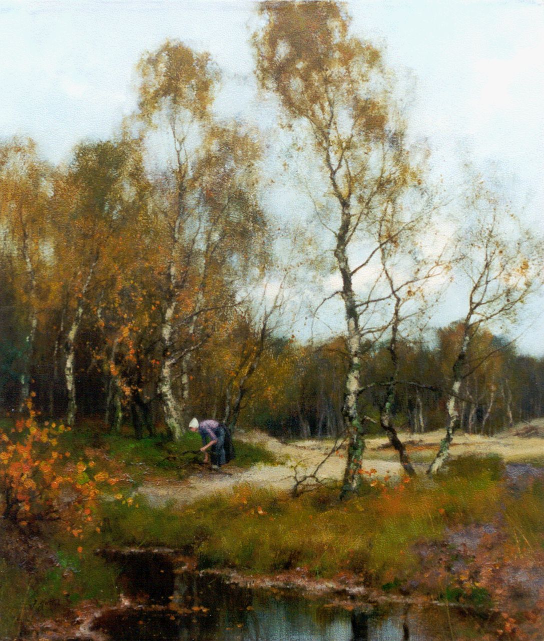 Holtrup J.  | Jan Holtrup, A farmer's wife gathering wood, oil on canvas 40.2 x 34.8 cm, signed l.l.