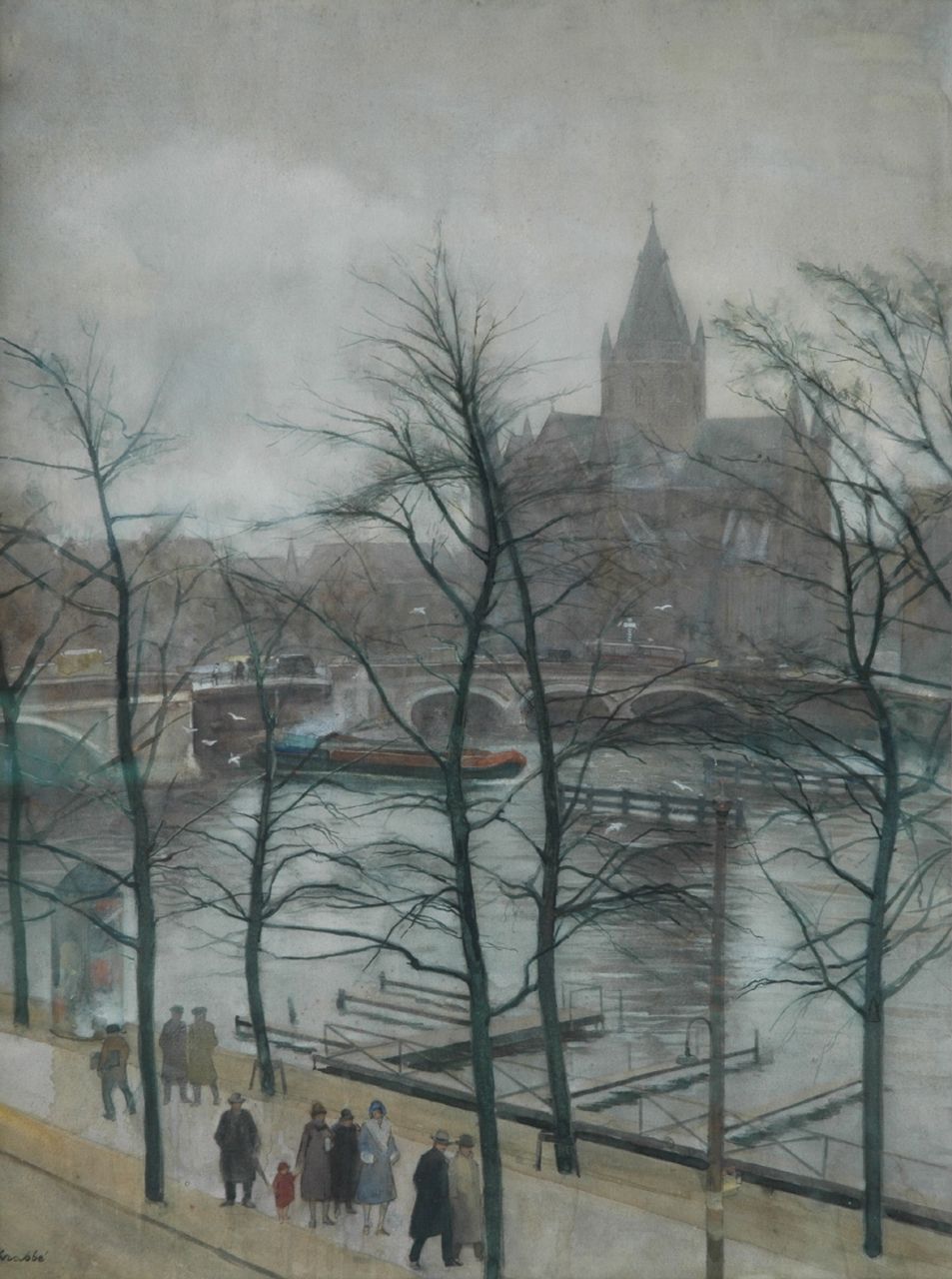 Krabbé H.M.  | Heinrich Martin Krabbé, View of the Amstel, with the St. Willibrord beyond, Amsterdam, watercolour on paper 88.5 x 67.0 cm, signed l.l.