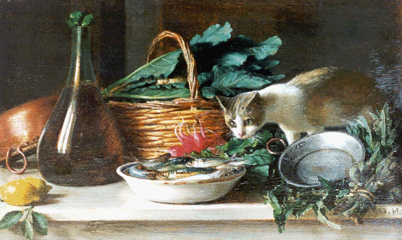 Italiaanse School, impressionisme   | Italiaanse School, impressionisme, Stilleven met vis en met kat, oil on panel 17.9 x 30.4 cm, gesigneerd rechtsonder met ini 'H.N.'