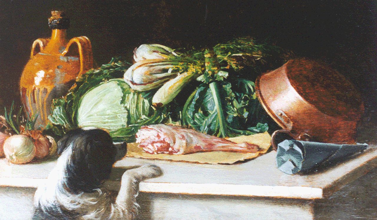 Italiaanse School, impressionisme   | Italiaanse School, impressionisme, Stilleven met vlees en met hond, oil on panel 17.9 x 30.5 cm, gesigneerd rechtsonder met ini 'H.N.'