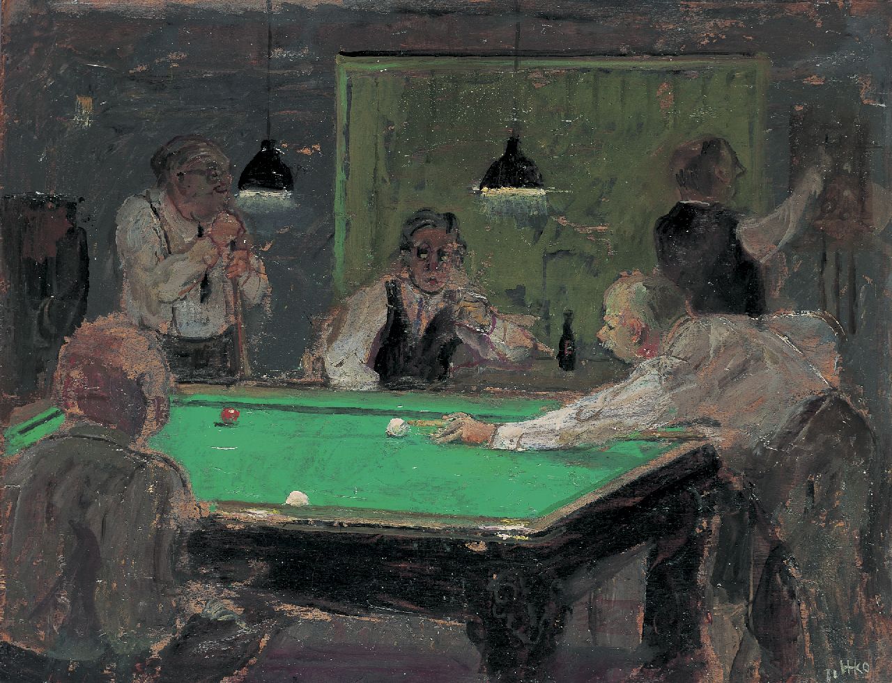 Kamerlingh Onnes H.H.  | 'Harm' Henrick Kamerlingh Onnes, Playing billiards, 33.2 x 42.2 cm, signed l.r. with monogram and dated '71