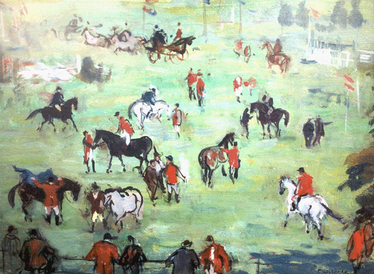 Holleman F.  | Frida Holleman, Horsemen and horses, oil on painter's board 30.0 x 40.0 cm, signed l.r.