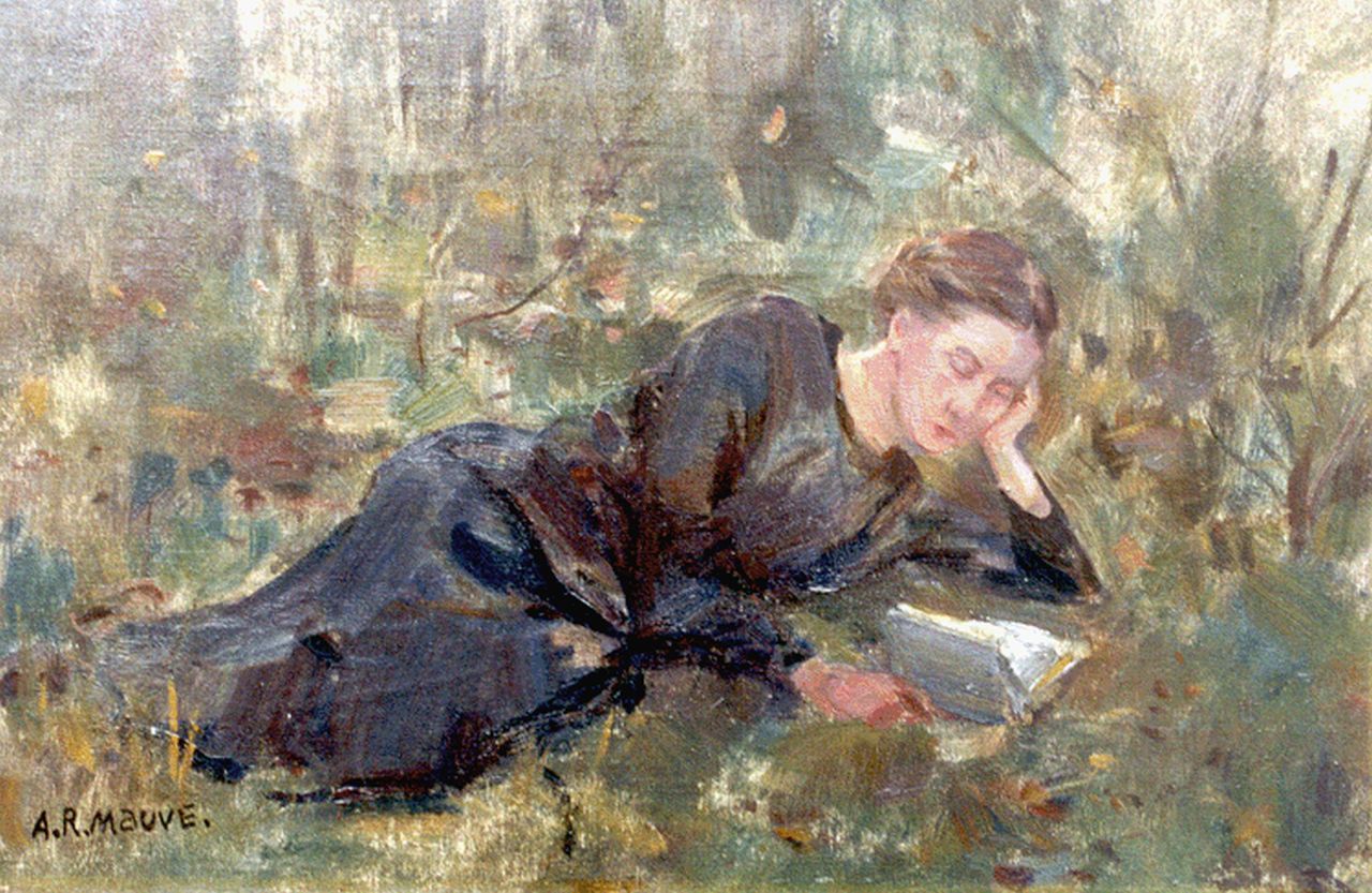 Mauve jr. A.R.  | Anton Rudolf Mauve jr., Mrs. Mauve-Langhout reading a book, oil on canvas 30.7 x 45.7 cm, signed l.l.