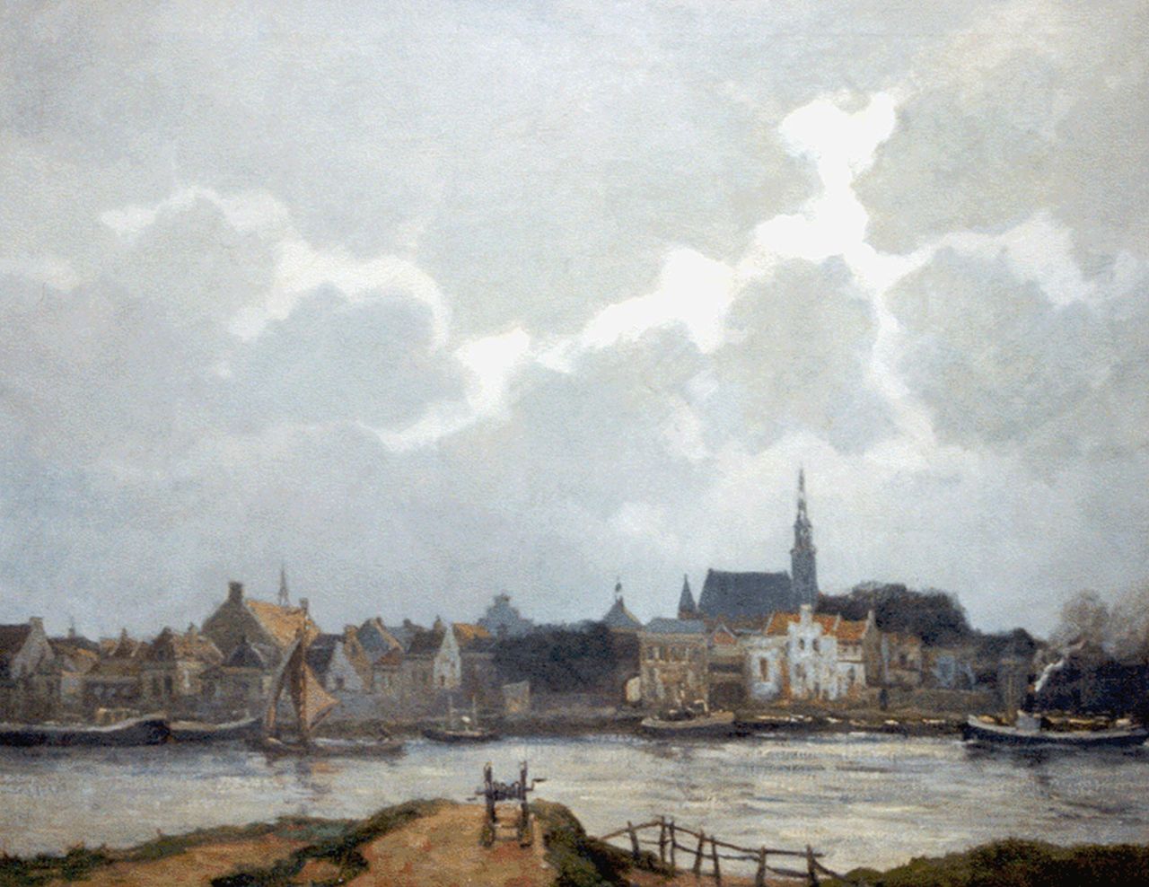 Waning G.M.W.F. van | Gijsbertus Martinus Wilhelmus Franciscus 'Martin' van Waning, A Dutch town along a waterway, oil on canvas 80.5 x 100.2 cm, signed l.r.