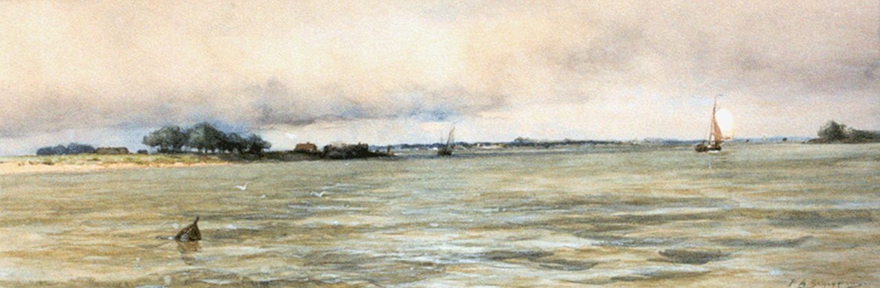 Schipperus P.A.  | Pieter Adrianus 'Piet' Schipperus, Shipping on a river, watercolour on paper 28.0 x 76.5 cm, signed l.r.