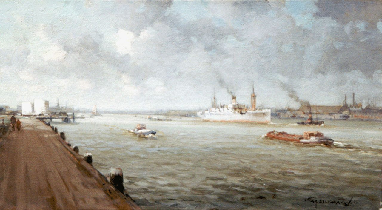 Delfgaauw G.J.  | Gerardus Johannes 'Gerard' Delfgaauw, A view of the 'Nieuwe Maas', Rotterdam, oil on canvas 25.3 x 45.2 cm, signed l.r. and dated '38