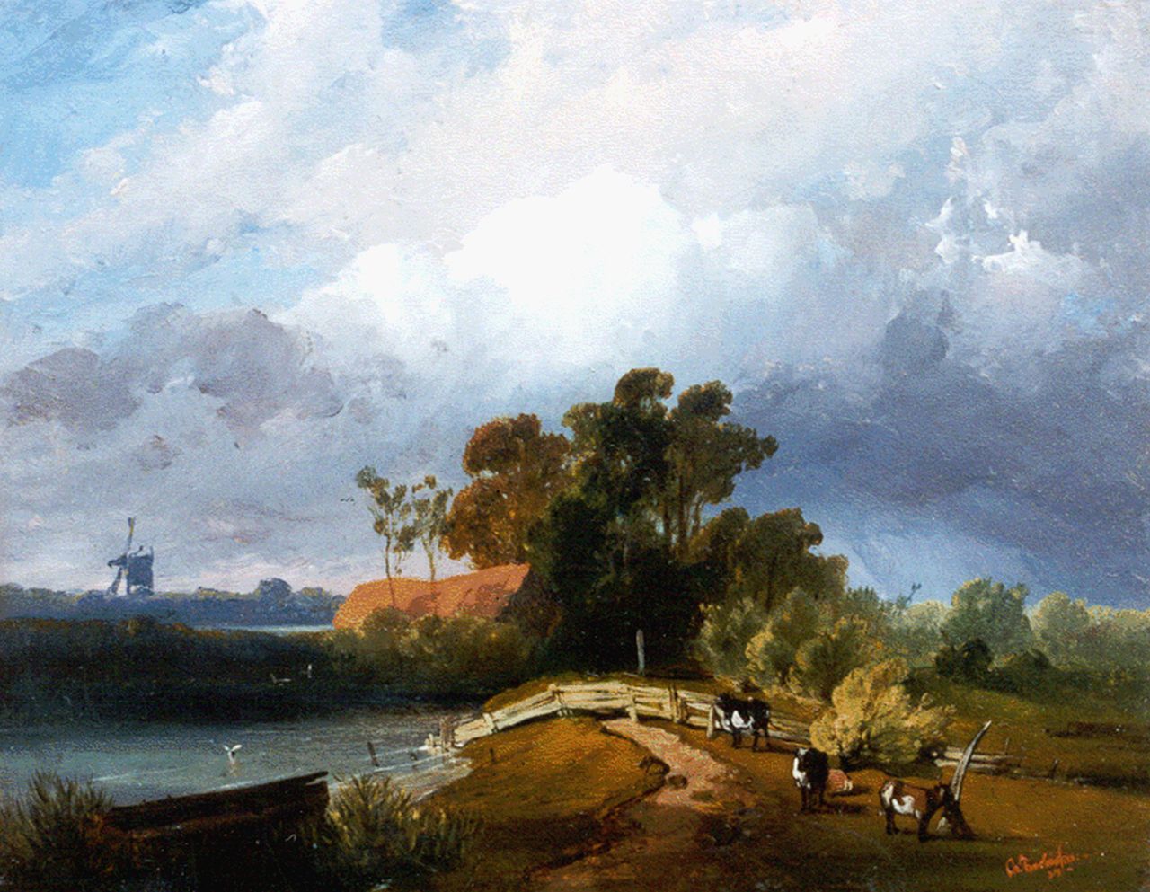 Rochussen Ch.  | Charles Rochussen, Stormlandschap met koeien, oil on panel 22.0 x 28.2 cm, gesigneerd rechtsonder and gedateerd '39