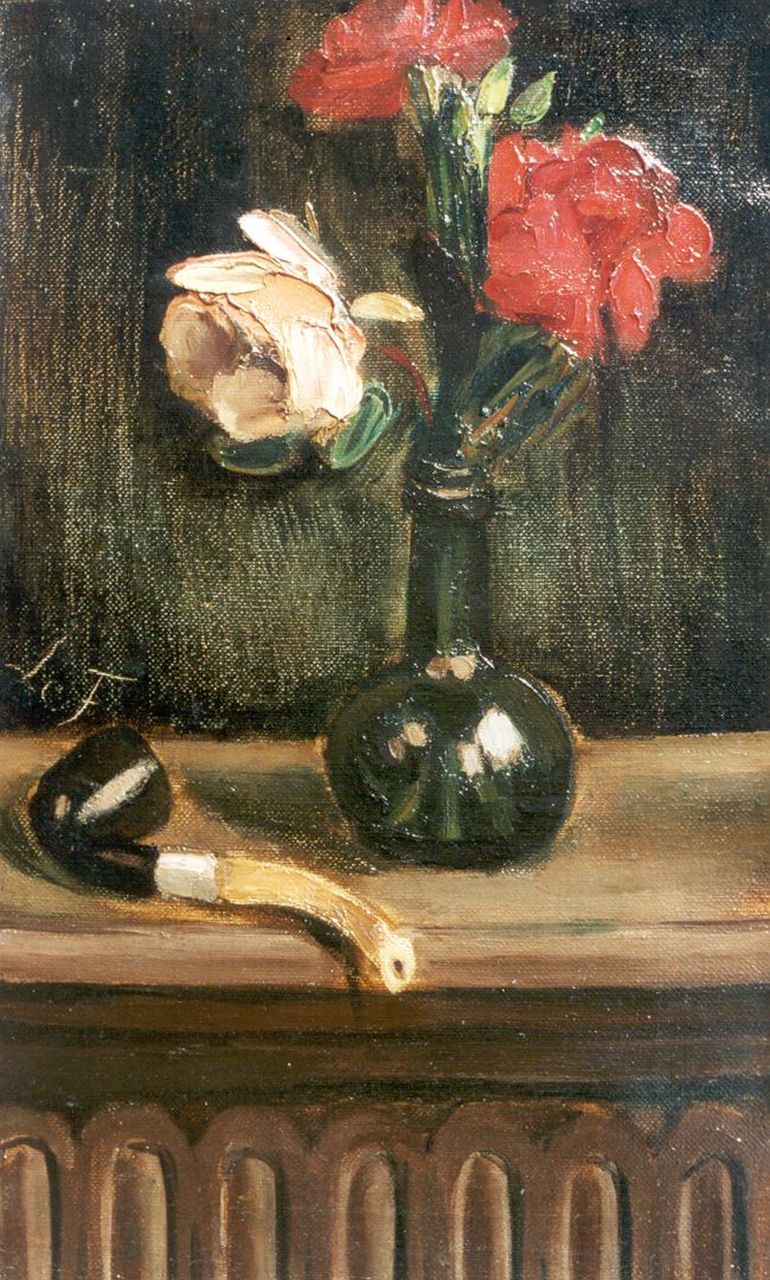 Fauconnier H.V.G. Le | 'Henri' Victor Gabriel Le Fauconnier, Still life with flowers and pipe, oil on canvas 51.2 x 30.7 cm, signed c.l. with initials