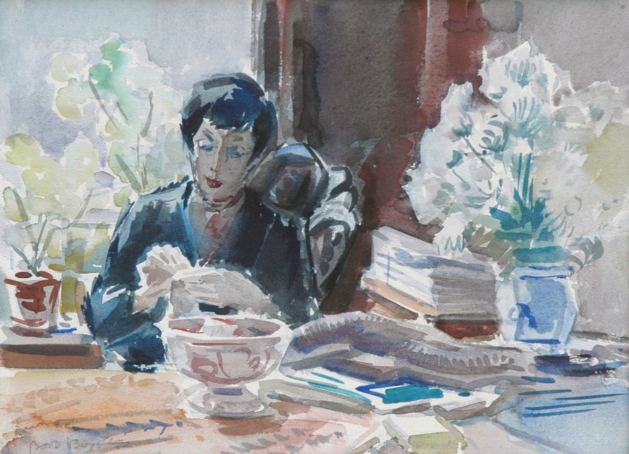Buijs B.  | Barthold 'Bob' Buijs, Interior with the hatter Mies Sanders, watercolour on paper 27.5 x 37.3 cm, signed l.l. and dated '52