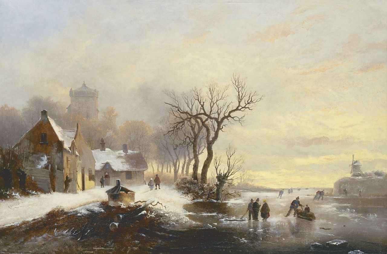 Leeuw A. de | Alexis de Leeuw, Skaters on the ice with a village beyond, oil on canvas 40.6 x 61.0 cm