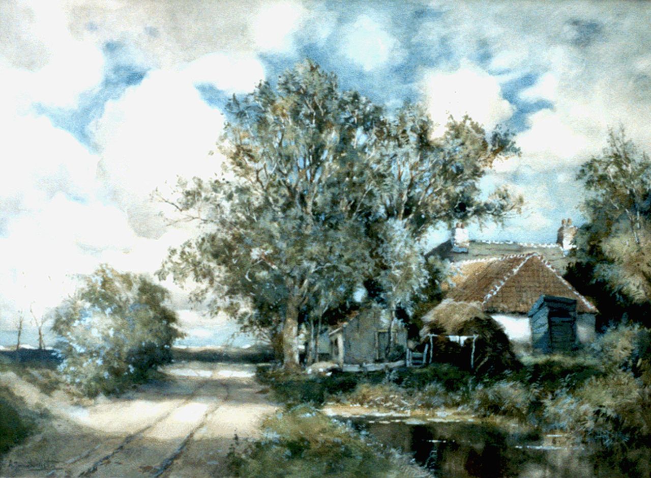 Driesten A.J. van | Arend Jan van Driesten, A farm in a Dutch landscape, watercolour on paper 54.0 x 75.0 cm, signed l.l.
