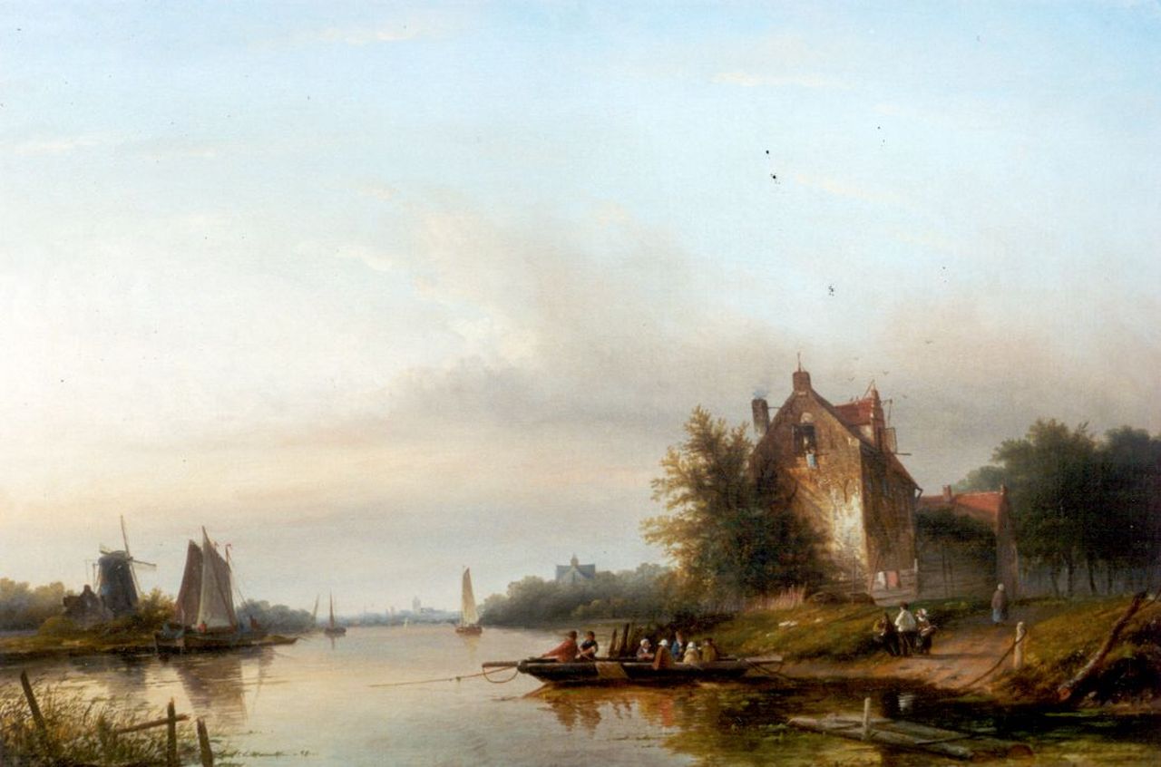 Spohler J.J.C.  | Jacob Jan Coenraad Spohler, A river landscape with a ferry, oil on canvas 65.0 x 93.2 cm, signed l.r.