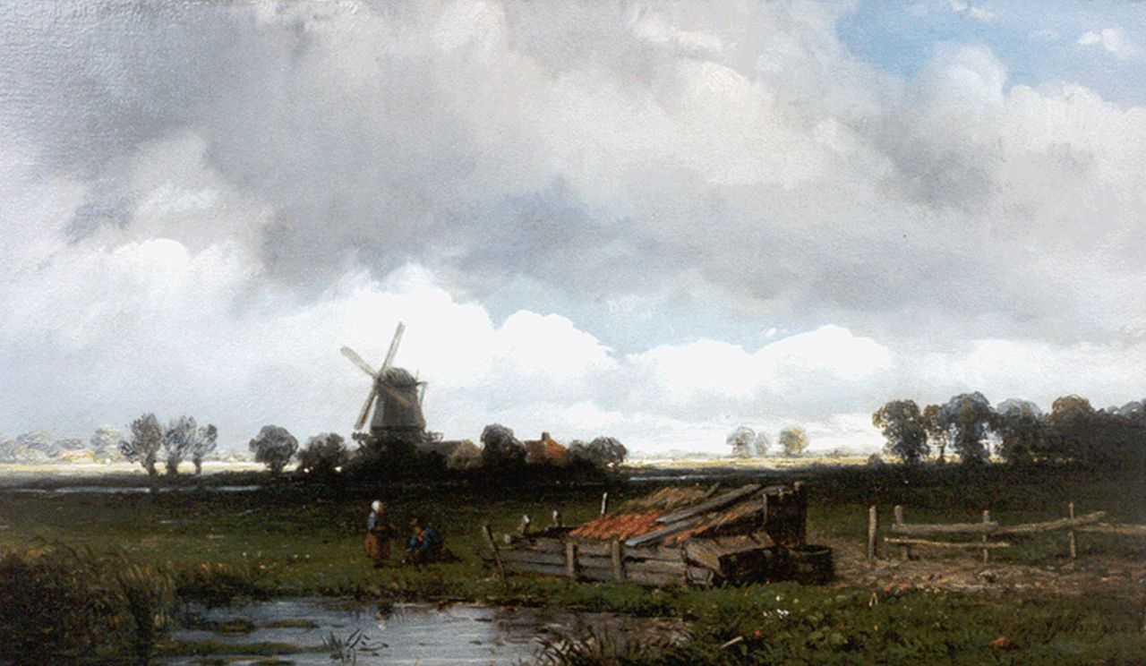 Wijngaerdt A.J. van | Anthonie Jacobus van Wijngaerdt, An extensive landscape, a windmill beyond, oil on panel 15.5 x 26.4 cm, signed l.r.