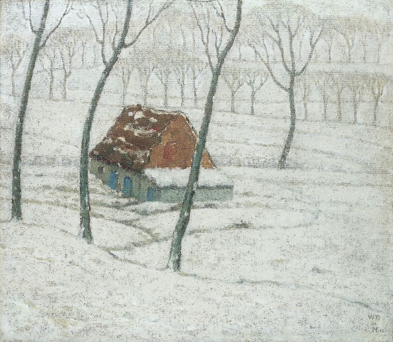 Degouve de Nuncques W.  | William Degouve de Nuncques, A farm in a winter landscape, oil on canvas 49.0 x 56.0 cm, signed l.r. with monogram and dated '12