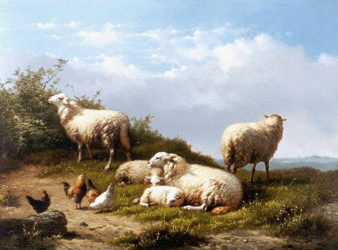 Maes E.R.  | Eugène Remy Maes, Sheep and poultry in a landscape, oil on panel 18.8 x 25.0 cm, signed l.r.