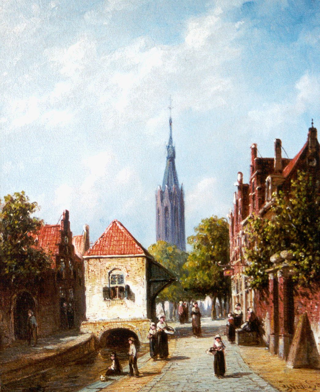 Vertin P.G.  | Petrus Gerardus Vertin, A town view of Delft with the Nieuwe Kerk beyond, oil on panel 21.4 x 17.4 cm, signed l.r. and dated '85