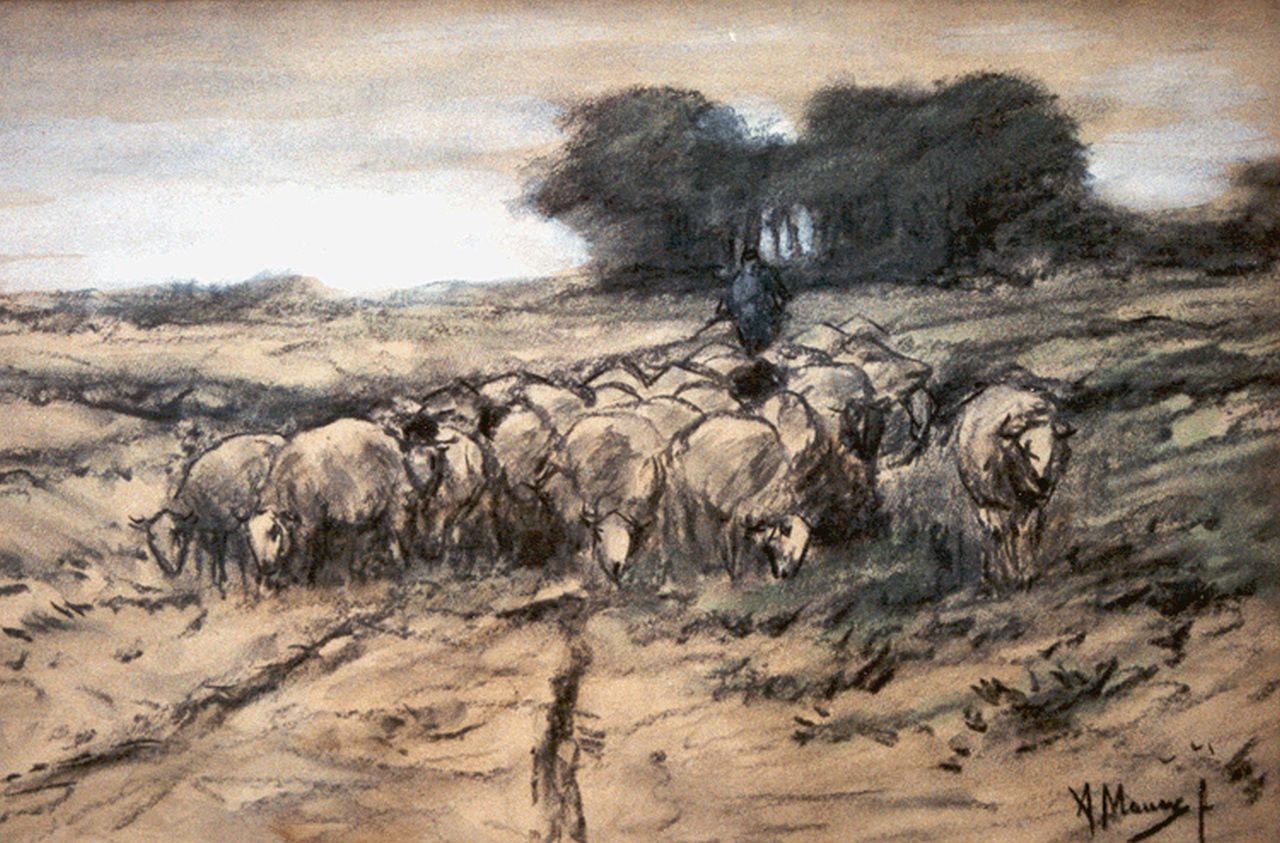 Mauve A.  | Anthonij 'Anton' Mauve, A shepherd with his flock, charcoal and pastel on paper 30.2 x 45.7 cm, signed l.r.