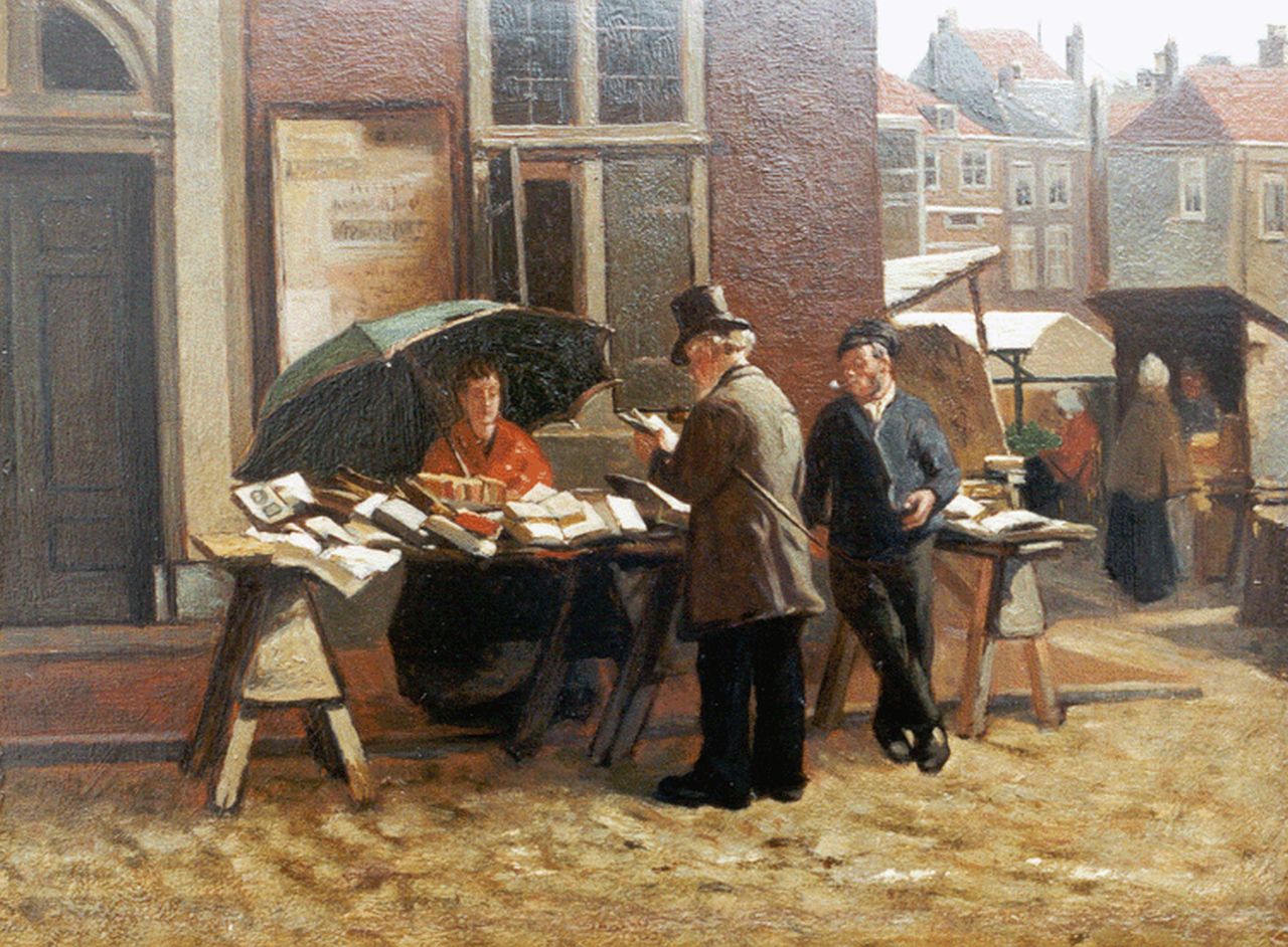 Theo Mesker | The book market at the Boterwaag, The Hague, oil on panel, 21.3 x 28.8 cm