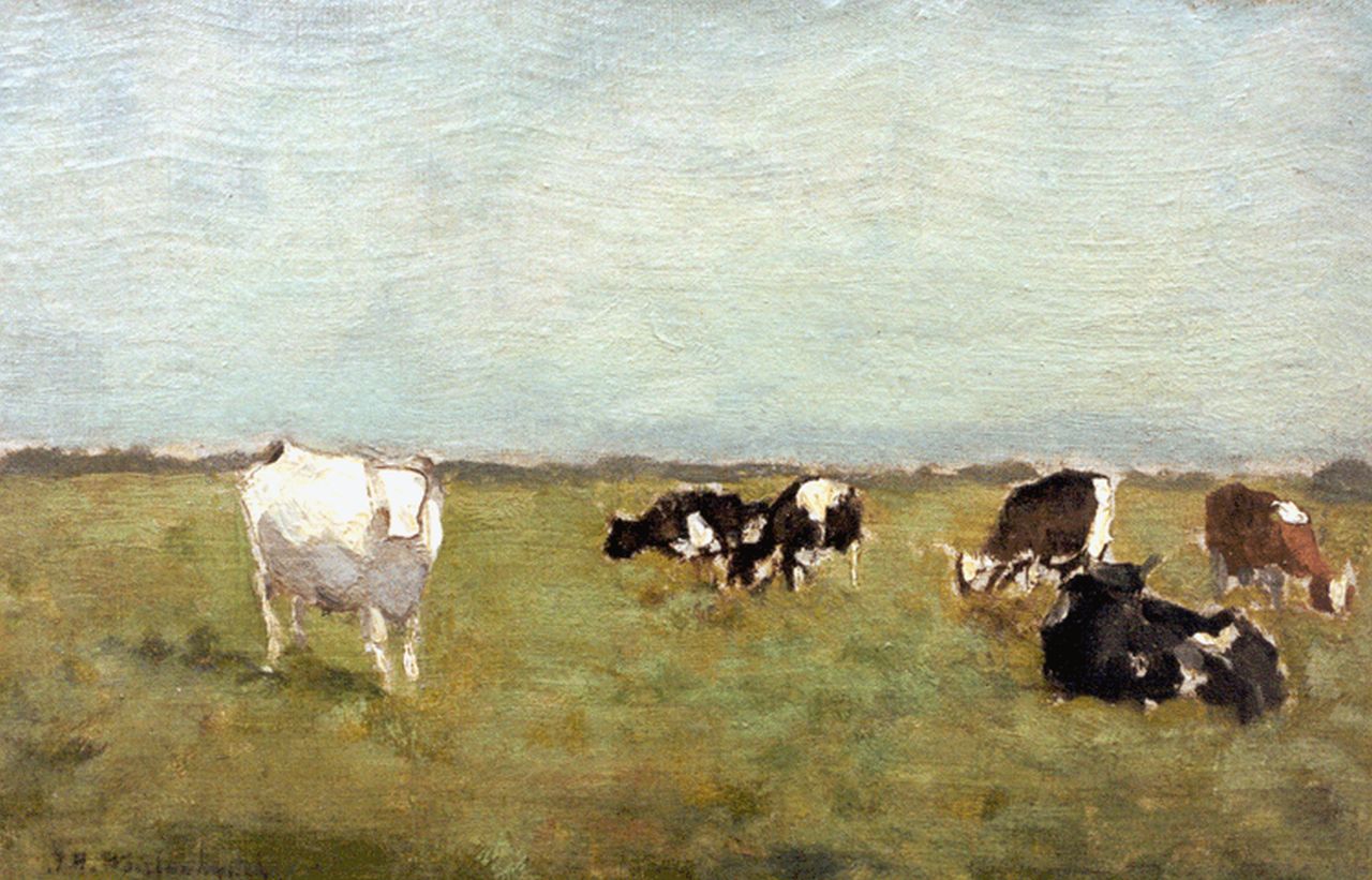 Weissenbruch H.J.  | Hendrik Johannes 'J.H.' Weissenbruch, Cows in a meadow, oil on canvas laid down on panel 18.5 x 27.4 cm, signed l.l.