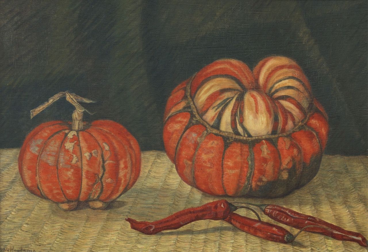 Hoijtema A.A. van | Antoinette Agathe van Hoijtema, Still life with pumpkins and red peppers, oil on panel 26.6 x 38.6 cm, signed l.l. and dated '16
