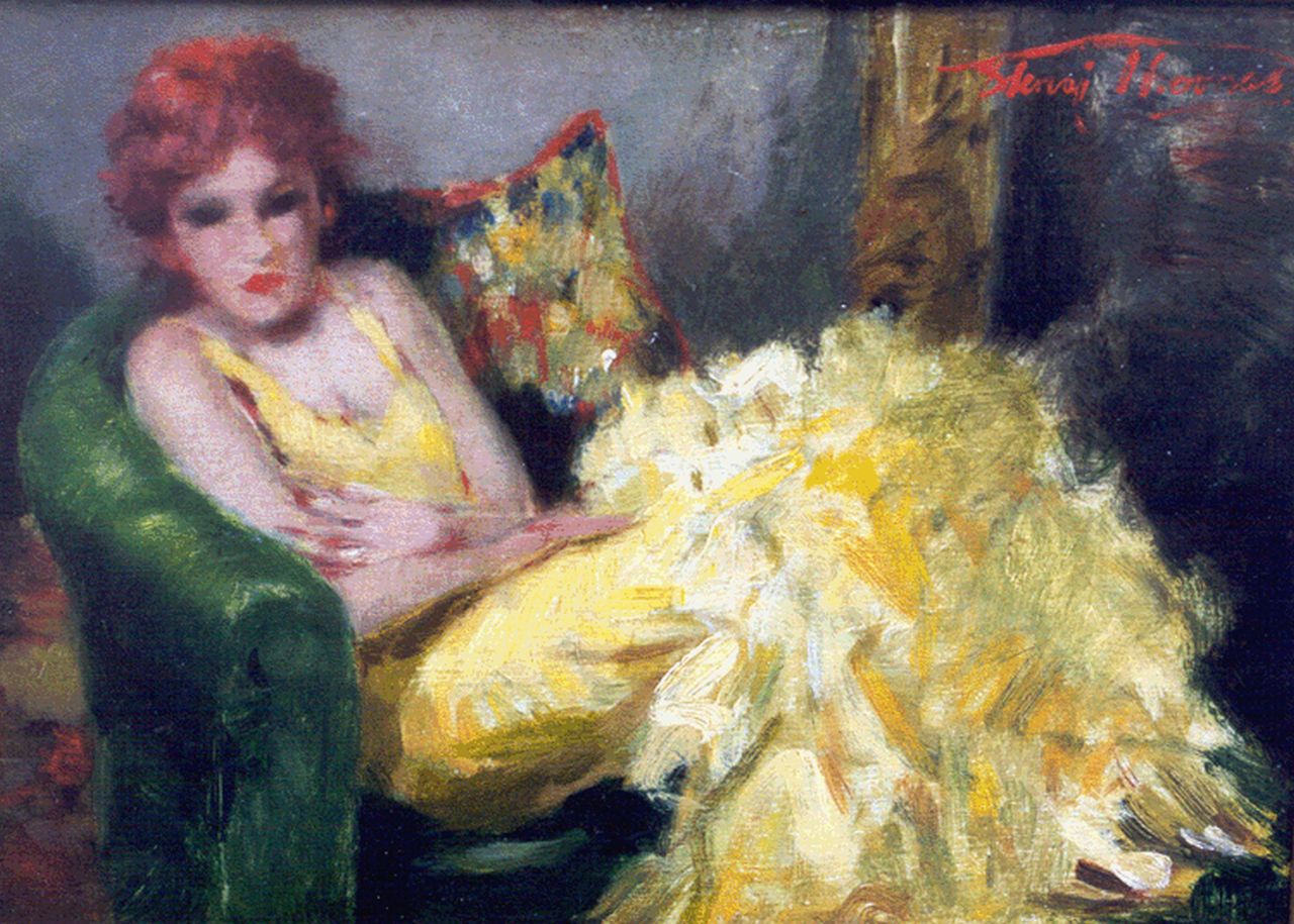 Thomas H.J.  | Henri Joseph Thomas, The yellow ball dress, oil on panel 16.0 x 21.7 cm, signed u.r.