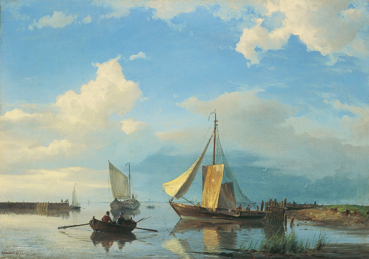 Koekkoek jr. H.  | Hermanus Koekkoek jr., Shipping in an estuary in calm weather, oil on canvas 42.7 x 60.3 cm, signed l.l. and dated '54