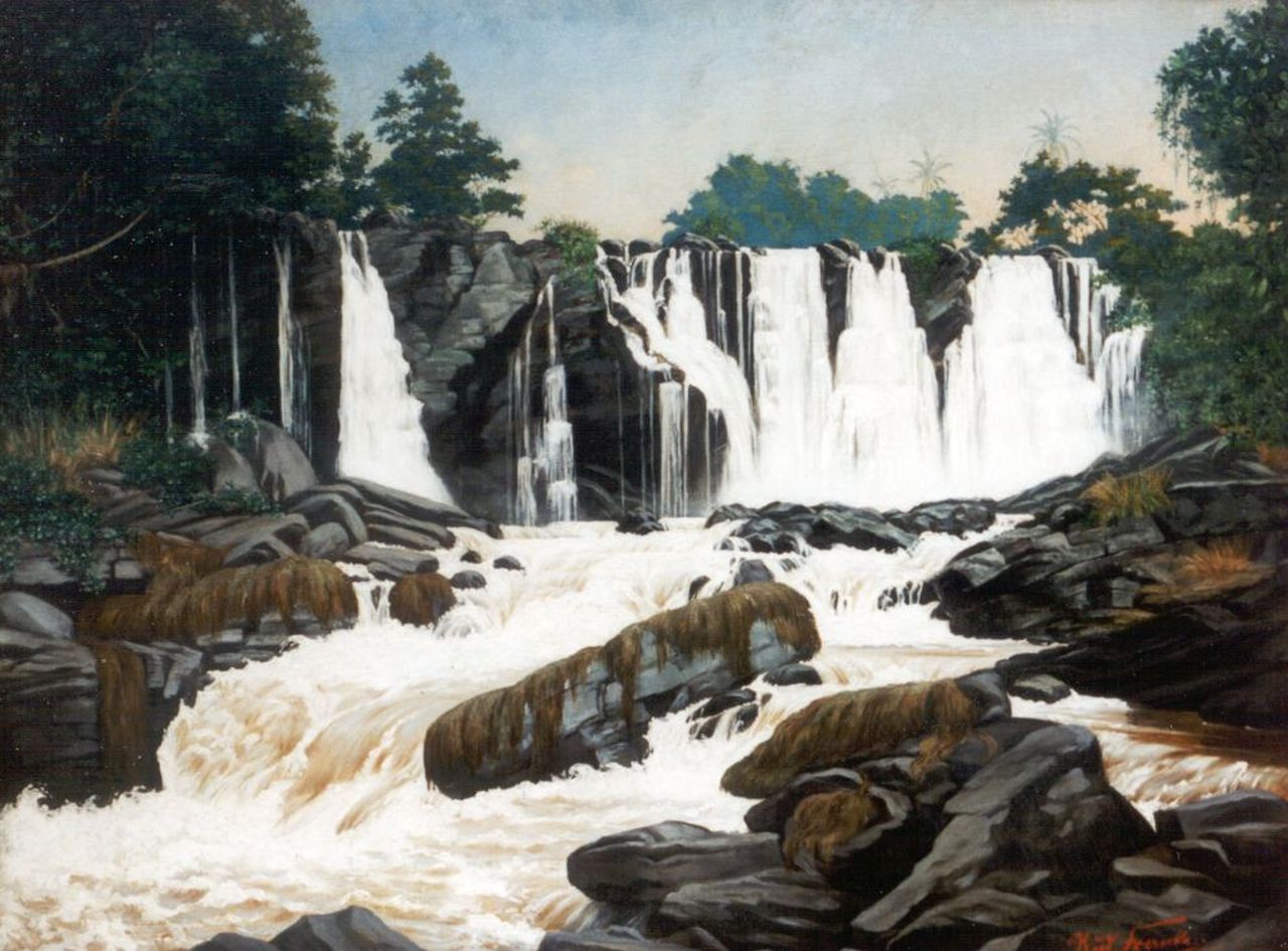 Francke R.  | Rudolph Francke, Waterfalls, Central Africa, oil on canvas laid down on panel 75.0 x 100.8 cm, signed l.r. and dated '98