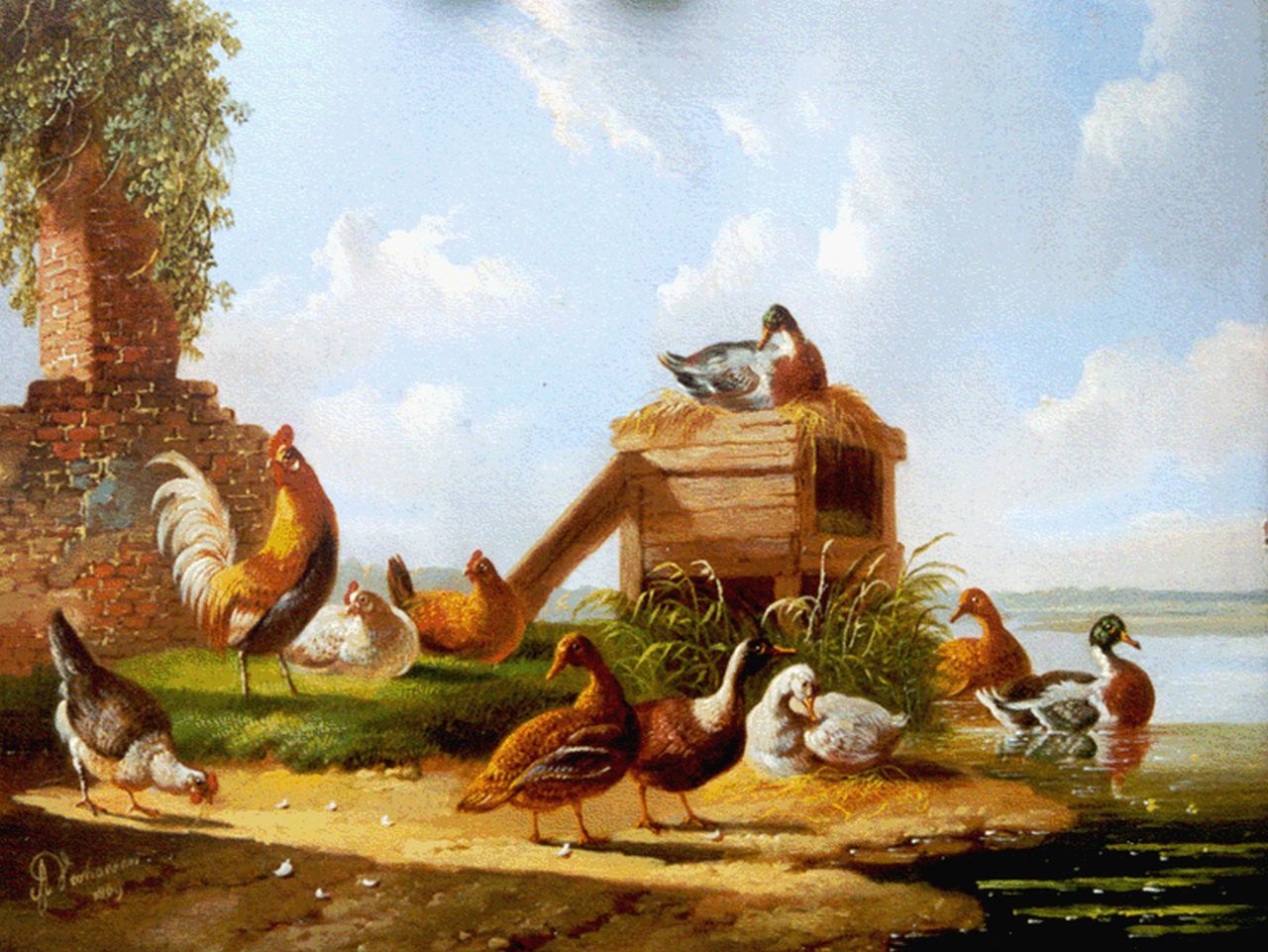 Verhoesen A.  | Albertus Verhoesen, Poultry in a classical landscape, oil on panel 12.9 x 16.9 cm, signed l.l. and dated 1869