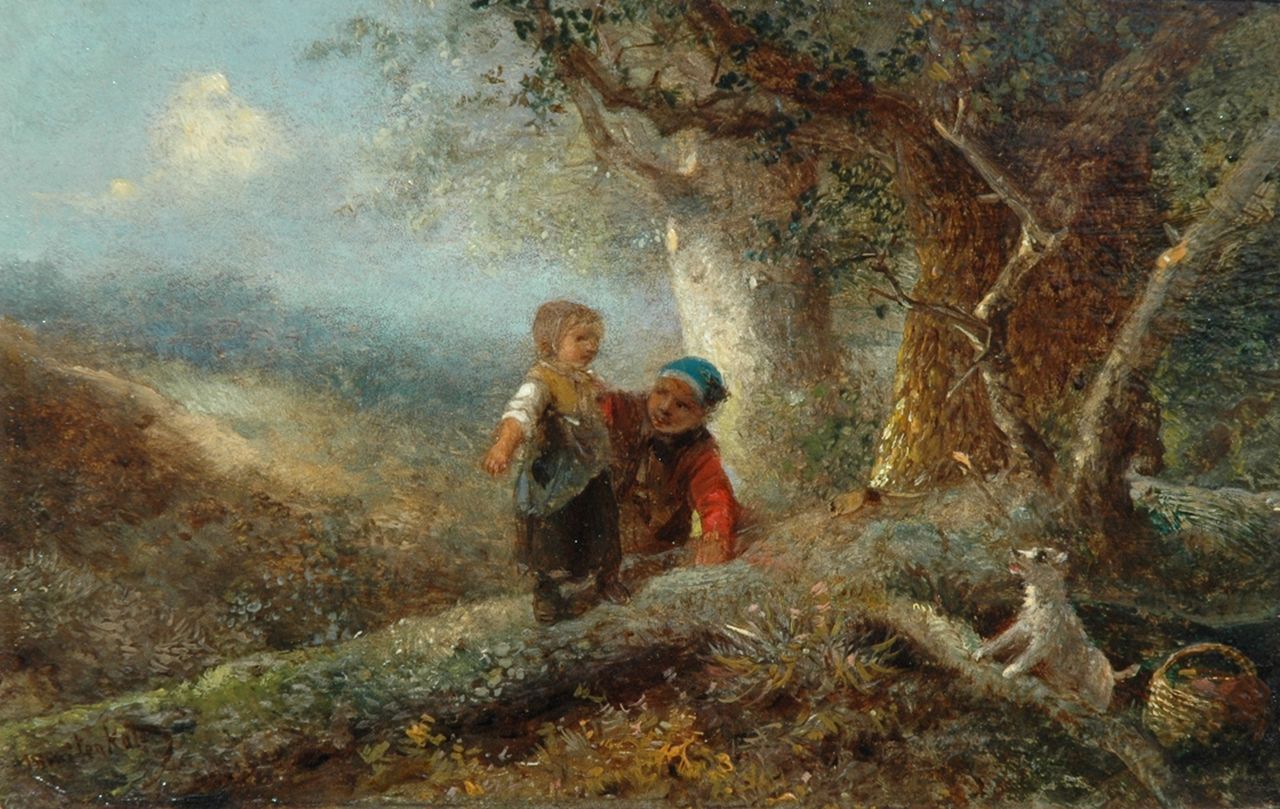 Kate J.M.H. ten | Johan 'Mari' Henri ten Kate, Children playing in a forest, oil on panel 11.9 x 18.4 cm, signed l.l.