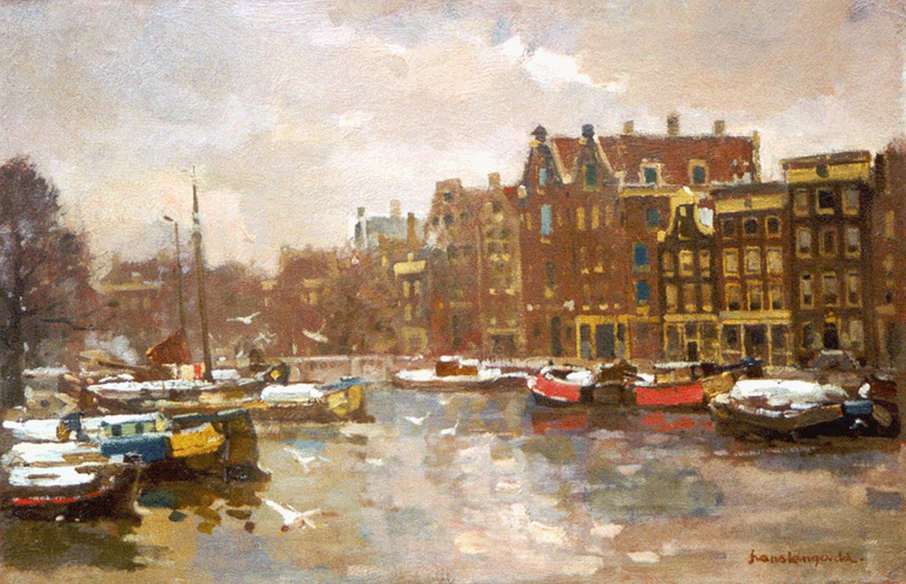 Langeveld F.A.  | Franciscus Arnoldus 'Frans' Langeveld, Moored boats, Amsterdam, oil on canvas 40.5 x 60.5 cm, signed l.r.