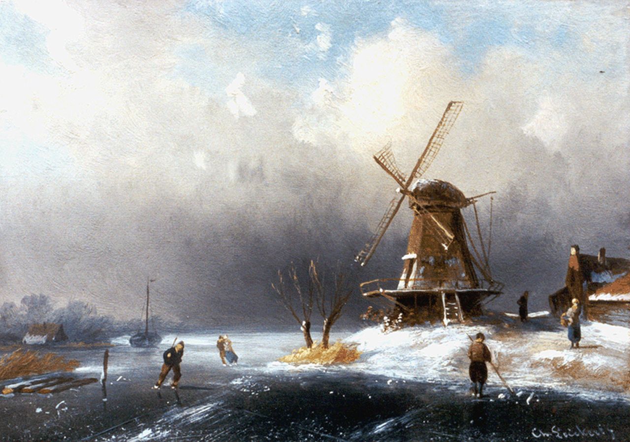 Leickert C.H.J.  | 'Charles' Henri Joseph Leickert, A winter landscape with skaters by a windmill, oil on panel 12.9 x 18.3 cm, signed l.r.