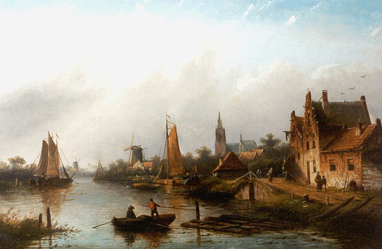 Spohler J.J.C.  | Jacob Jan Coenraad Spohler, A village along a waterway, oil on canvas 43.5 x 66.4 cm, signed l.r.
