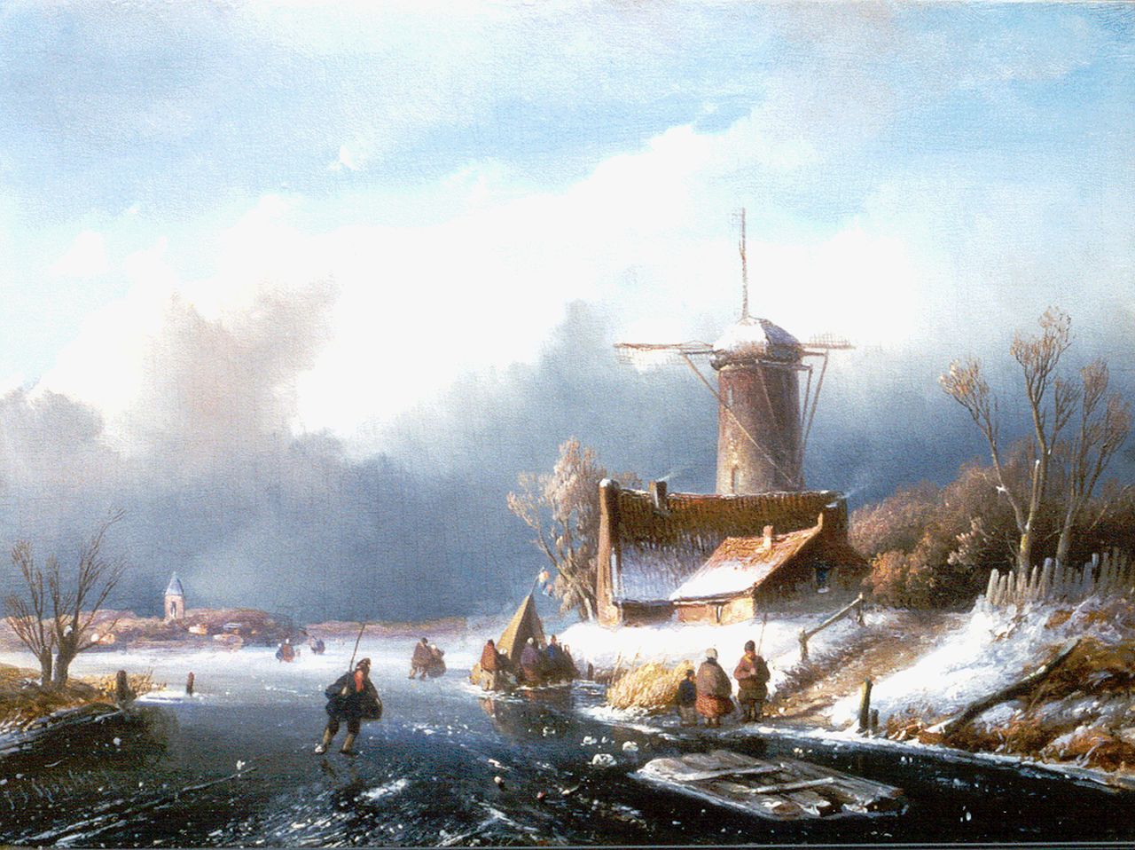 Spohler J.J.  | Jan Jacob Spohler, A winter landscape with skaters on the ice, oil on panel 26.5 x 36.0 cm, signed l.l.