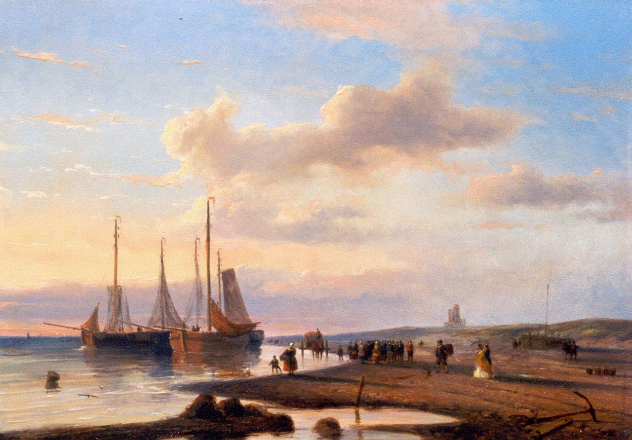 Roosenboom N.J.  | Nicolaas Johannes Roosenboom, Visafslag op het strand met elegante figuren, oil on panel 35.7 x 50.3 cm, gesigneerd rechtsonder