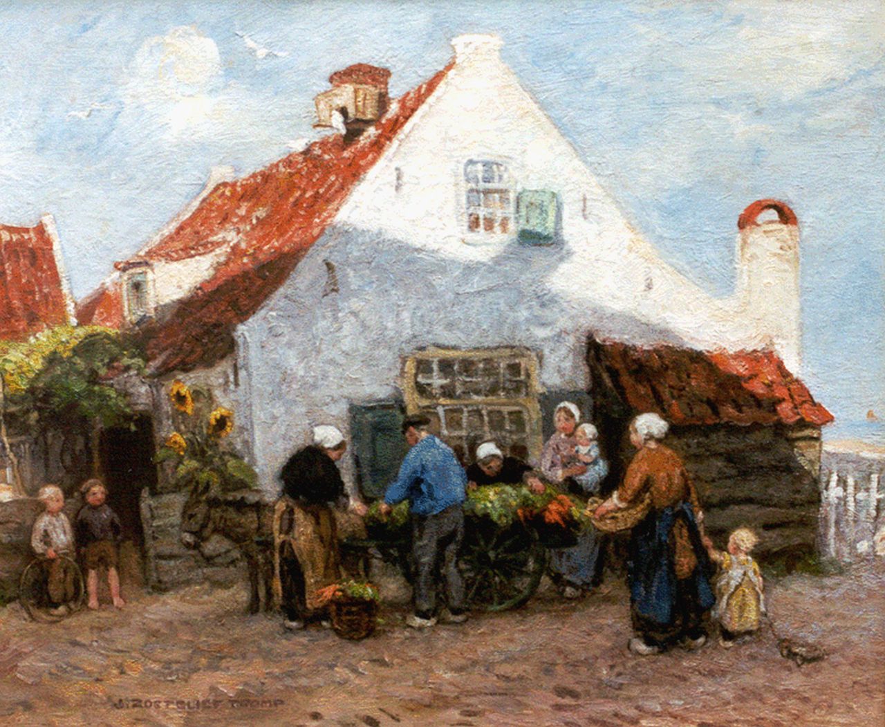 Zoetelief Tromp J.  | Johannes 'Jan' Zoetelief Tromp, Selling vegetables at the 'Meelzak', Katwijk aan Zee, oil on canvas 48.5 x 58.8 cm, signed l.l.