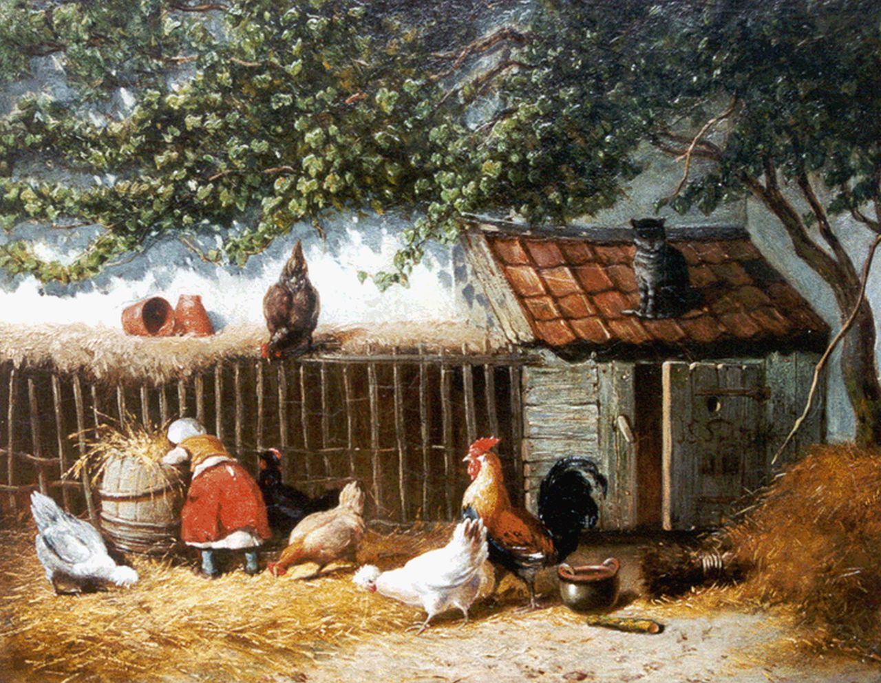 Smits J.G.  | Jan Gerard Smits, Feeding the chickens, oil on panel 24.7 x 31.4 cm, signed l.r.
