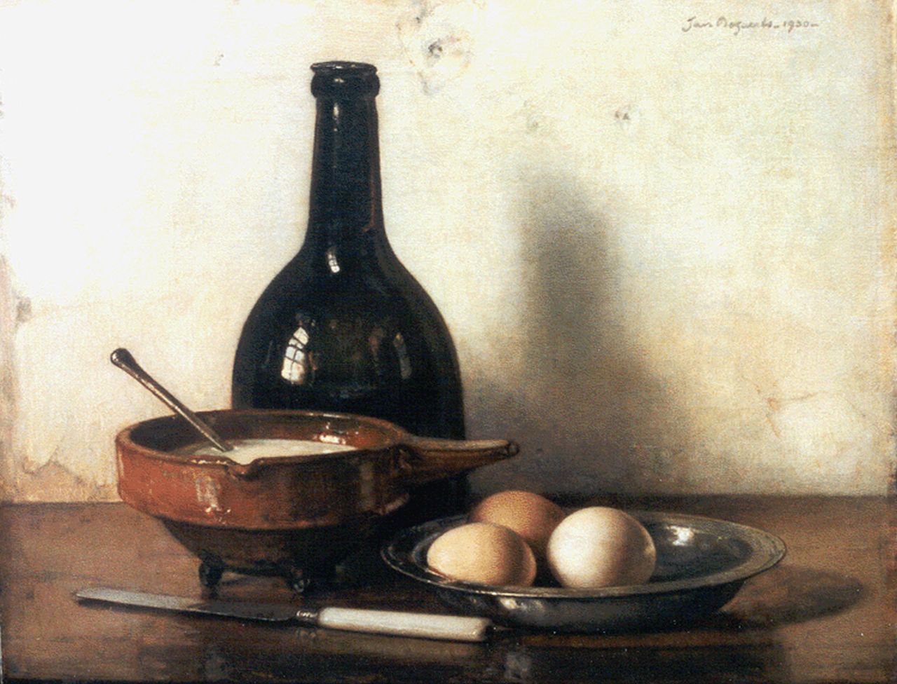 Bogaerts J.J.M.  | Johannes Jacobus Maria 'Jan' Bogaerts, A still life with eggs and a pewter dish, oil on canvas 40.5 x 50.4 cm, signed u.r. and dated 1930