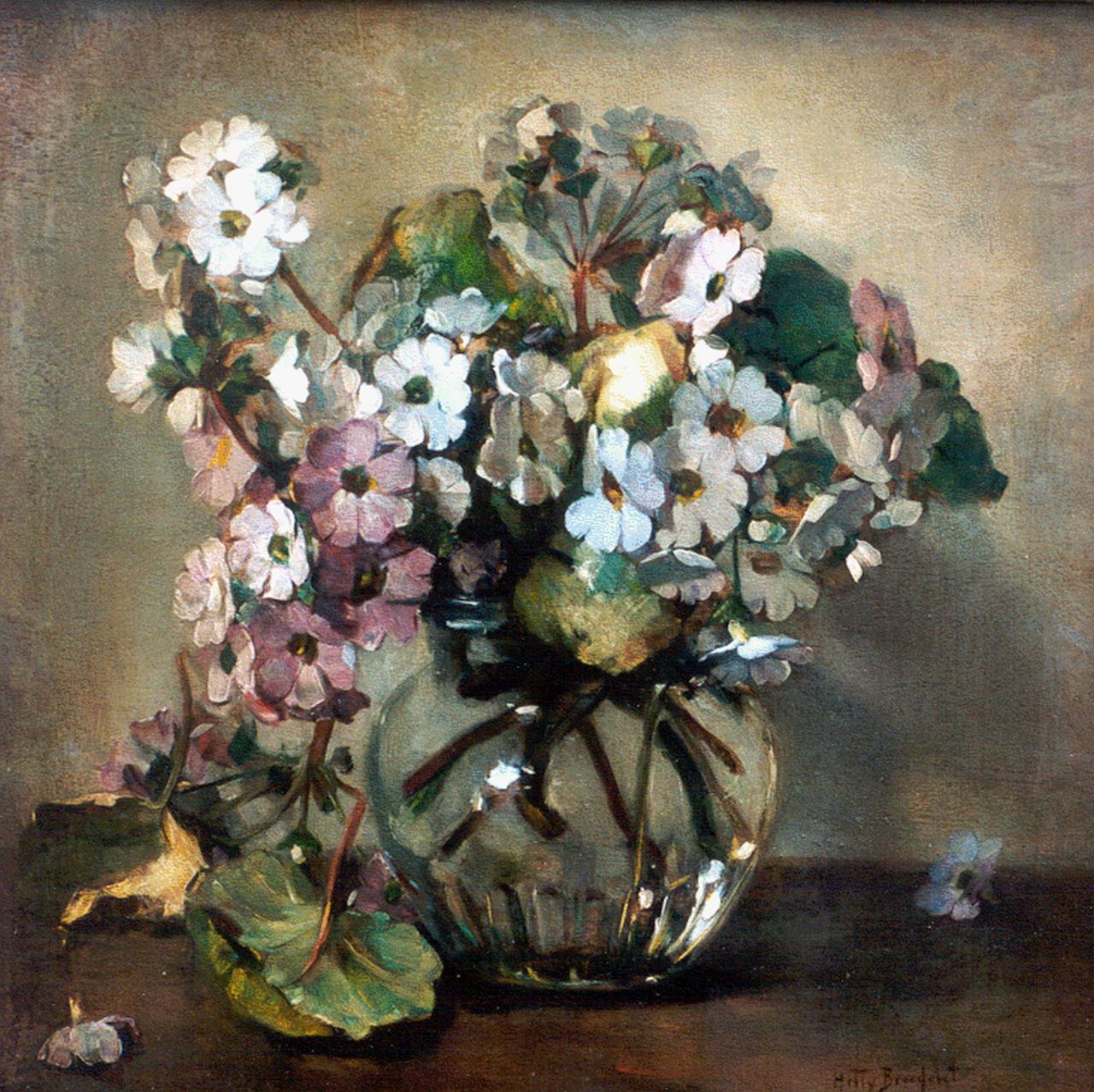 Broedelet-Henkes H.  | Hester 'Hetty' Broedelet-Henkes, Primroses in a vase, oil on panel 28.3 x 27.7 cm, signed l.r.