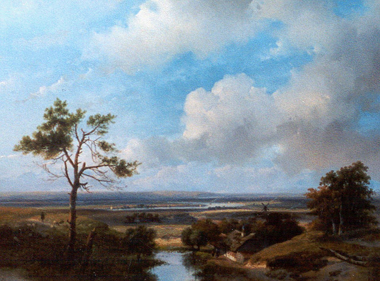 Schelfhout A.  | Andreas Schelfhout, A panoramic dune landscape in the surroundings of Haarlem, oil on panel 42.7 x 56.0 cm, signed l.l.