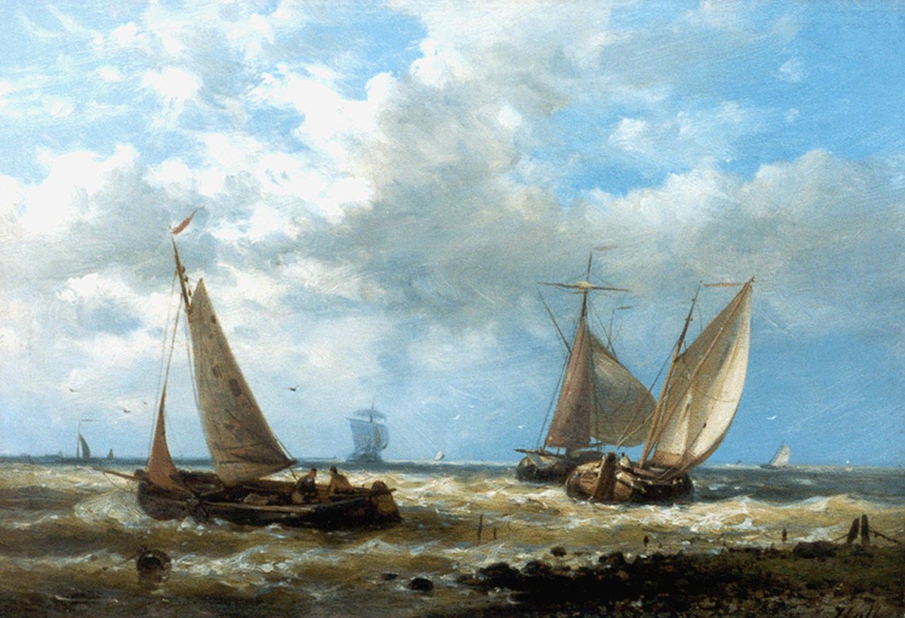 Hulk A.  | Abraham Hulk, Dutch barges in a stiff breeze, oil on panel 17.5 x 25.2 cm, signed l.r.