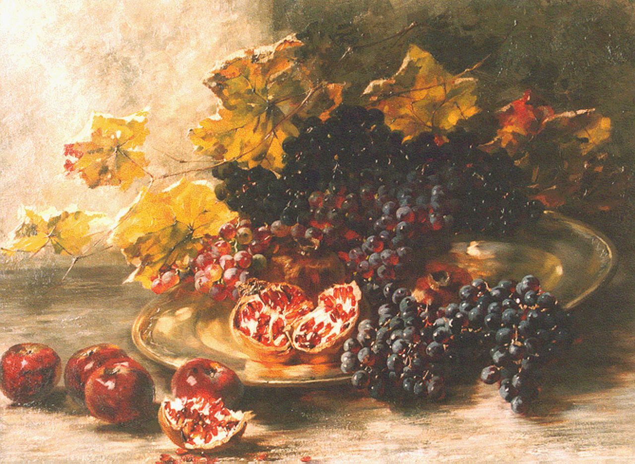 Schultheiss N.  | Natalie Schultheiss, A still life with grapes and pomegranates, oil on canvas 61.5 x 82.0 cm, signed u.r. and dated 1914