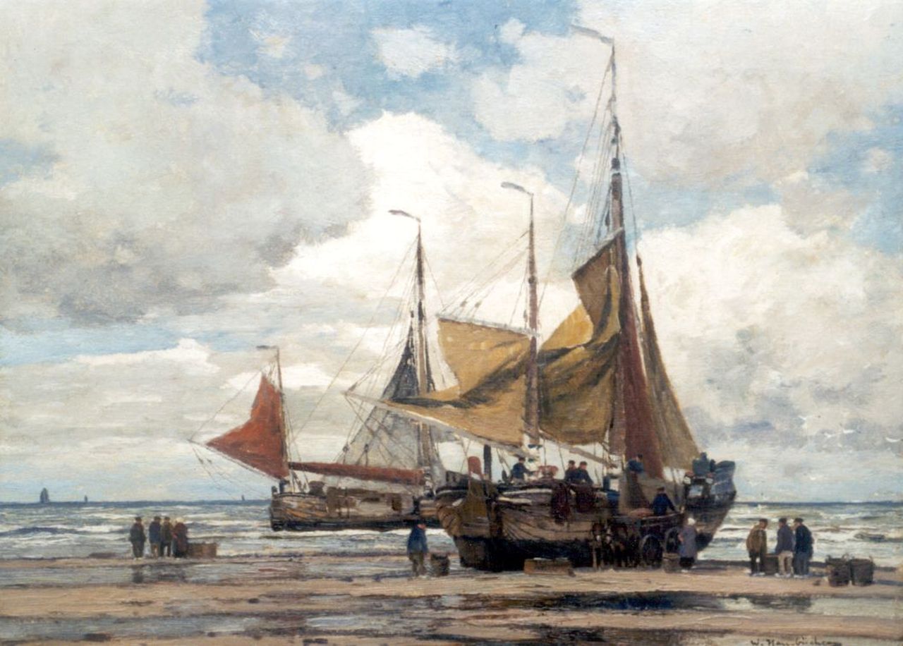 Hambüchen W.  | Wilhelm Hambüchen, 'Bomschuiten' on the beach, oil on canvas 60.2 x 80.3 cm, signed l.r.