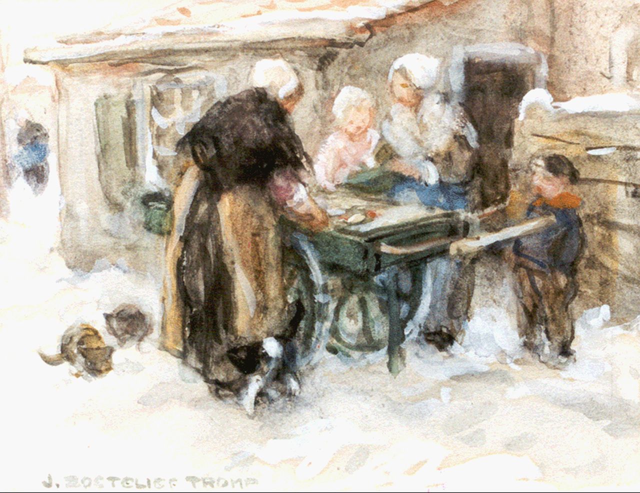 Zoetelief Tromp J.  | Johannes 'Jan' Zoetelief Tromp, Selling fish in winter, watercolour on paper 14.0 x 18.5 cm, signed l.l.