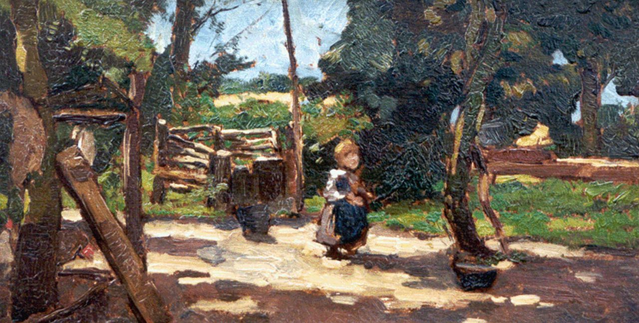 Akkeringa J.E.H.  | 'Johannes Evert' Hendrik Akkeringa, A little girl on a yard, oil on panel 15.3 x 29.4 cm