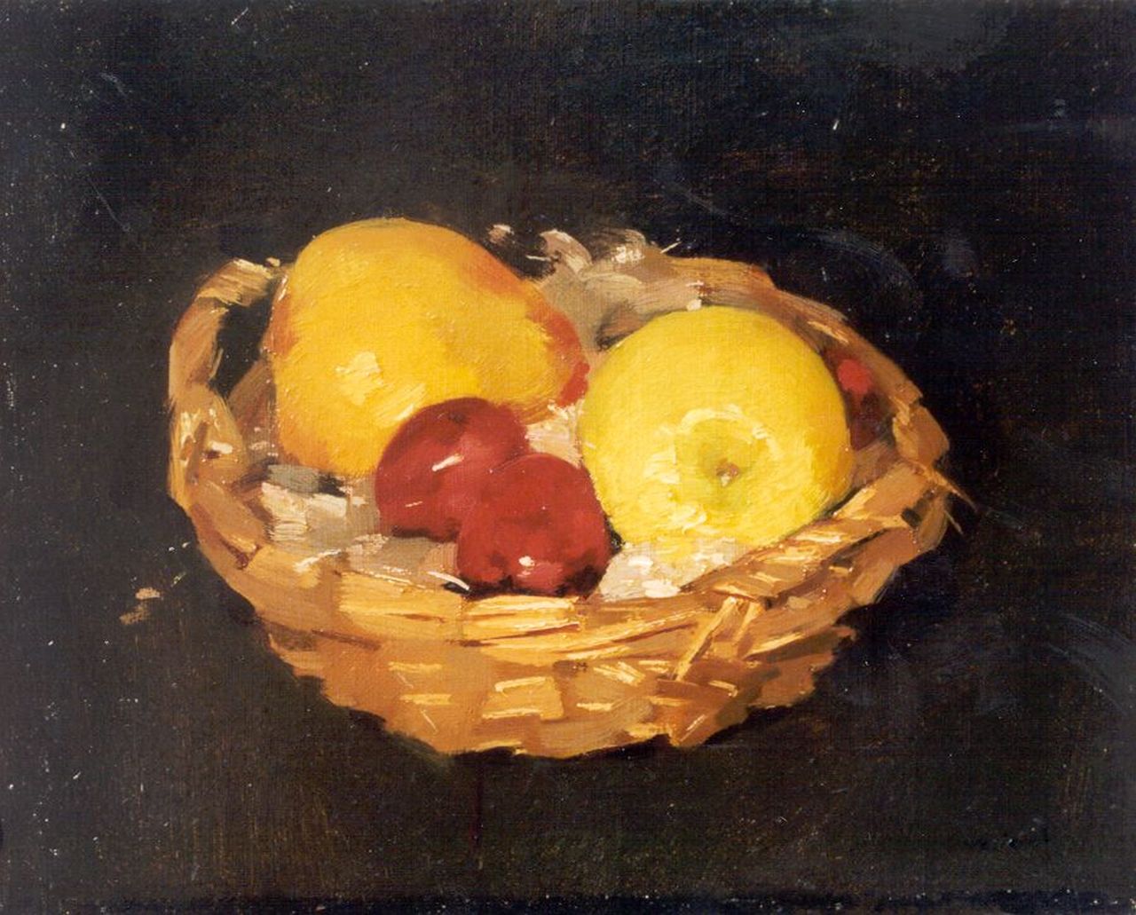 Verdonk F.W.  | Frederik Willem 'Frits' Verdonk, Fruit in a basket, oil on canvas 24.3 x 30.3 cm, signed l.r.