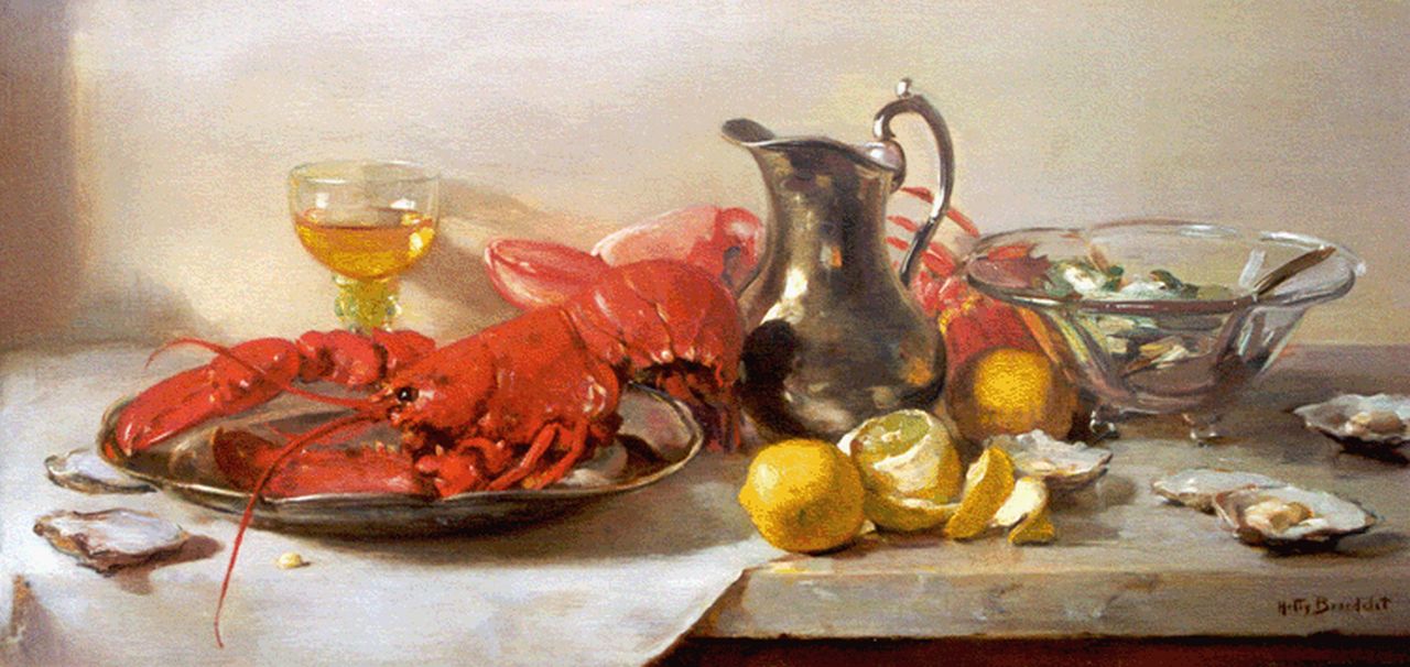 Broedelet-Henkes H.  | Hester 'Hetty' Broedelet-Henkes, A still life with lobster and oysters, oil on panel 33.5 x 71.9 cm, signed l.r.