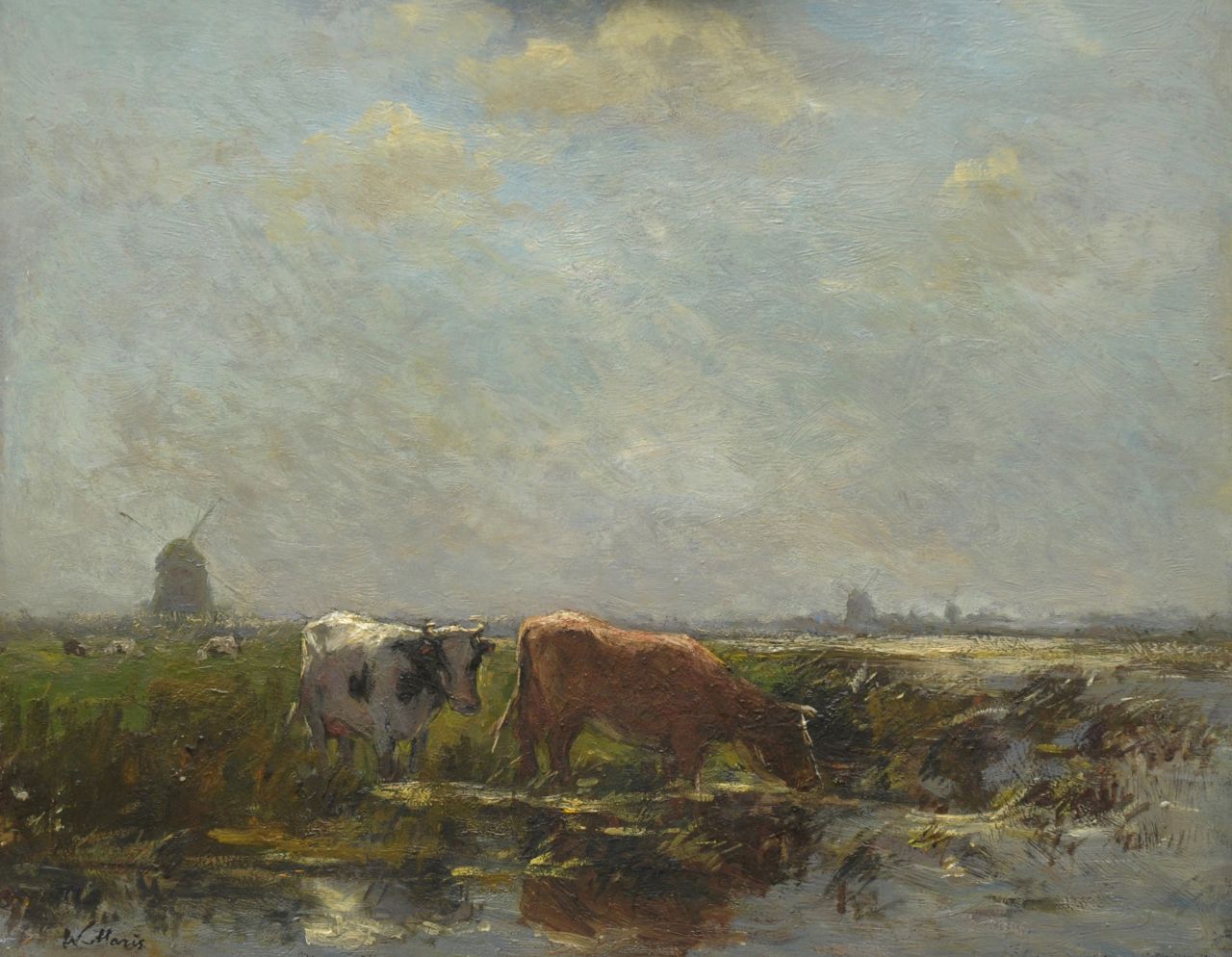 Maris W.  | Willem Maris, Polder landscape with cattle and windmills, oil on panel 38.3 x 47.2 cm, signed l.l.